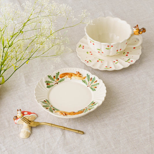 Squirrel frill teacup and saucer, cherry | Sugar Poppo