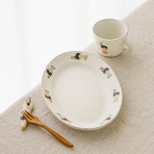 Oval Plate Medium Cat and Boy White | Aya Watanuki