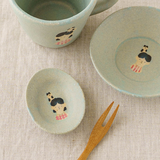 Bean Oval Plate Cat and Girl Light Blue|Aya Watanuki
