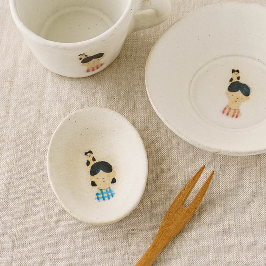 Bean Oval Plate Cat and Girl White | Aya Watanuki