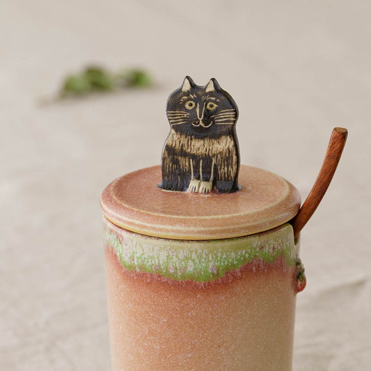 Sugar pot cat salmon pink (with wooden spoon) | poetoria Yuka Taneda