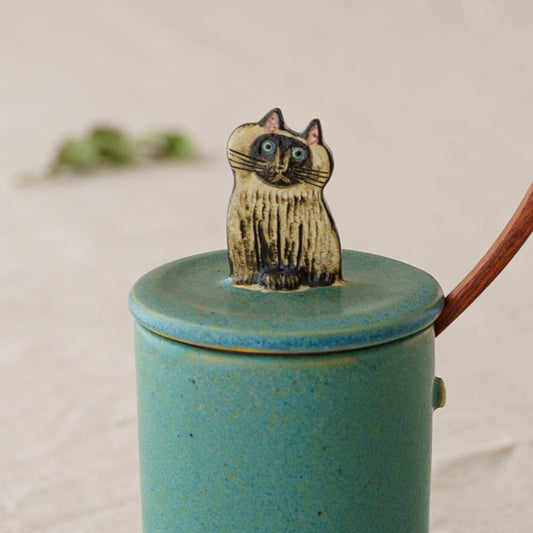 Sugar pot cat peacock blue (with wooden spoon) | poetoria Yuka Taneda