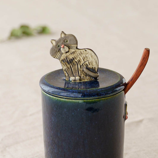 Sugar pot cat navy (with wooden spoon) | poetoria Yuka Taneda