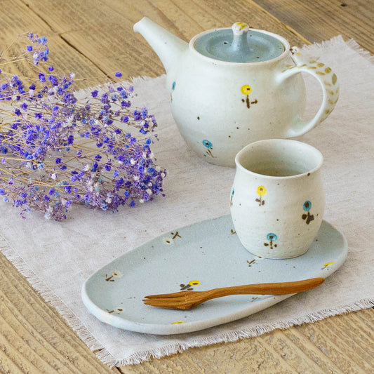 楕円板皿 お花 ライトブルー(イエロー x ホワイト)|原田晴子