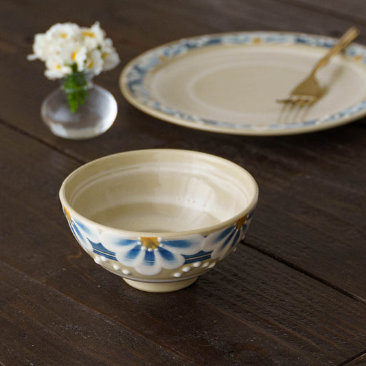 指描更紗 青 飯碗|アダチノポタリ