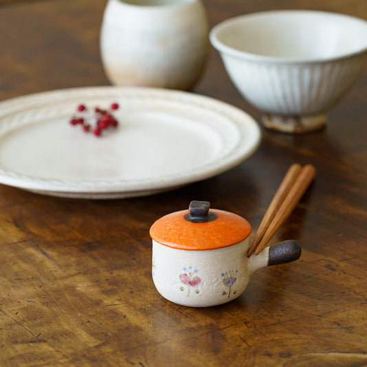 Clay pot chopstick rest flower orange enamel A | Naoko Ikemoto