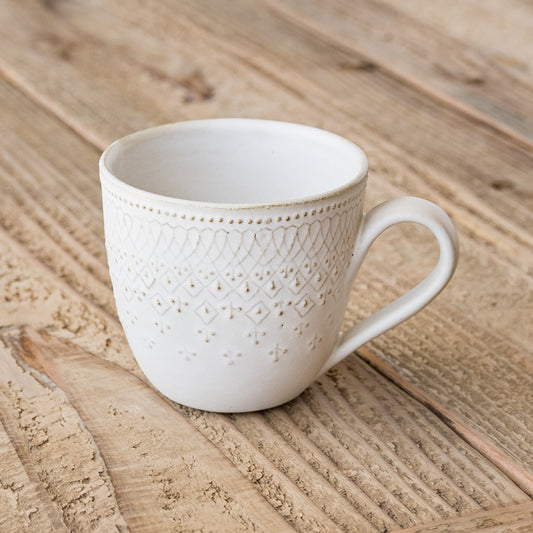 エレガントな佇まいに見入ってしまうわかさま陶芸のフレンチレースマグカップ