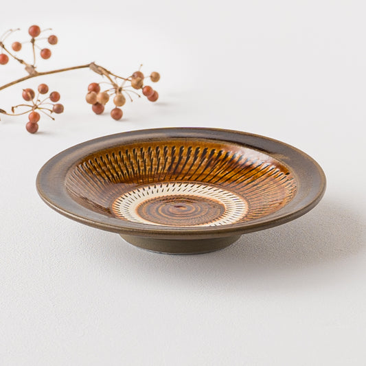 リズミカルに刻まれた飛び鉋が美しい小鹿田焼坂本庸一窯の5寸皿