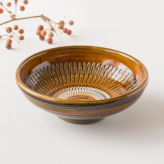 飴色が味わい深い小鹿田焼坂本庸一窯の飛び鉋5寸平鉢