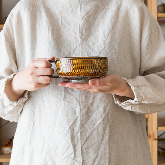 スープが美味しく飲める小鹿田焼坂本庸一窯の飛び鉋スープカップ