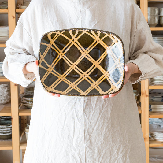 紀窯中川紀夫さんのスリップウェア二重格子長方鉢