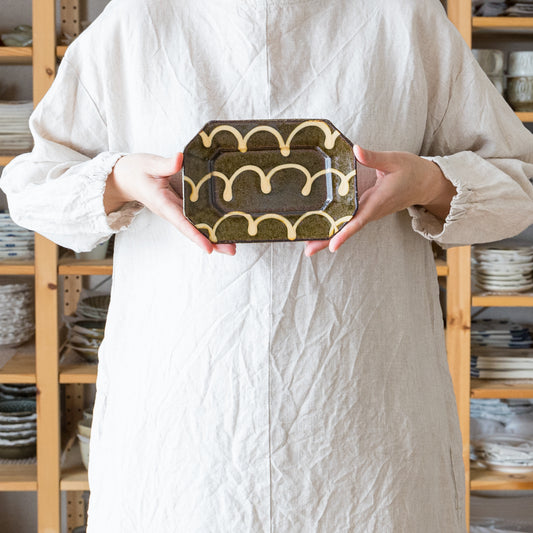 紀窯中川紀夫さんのスリップウェアくるくる模様長八角皿