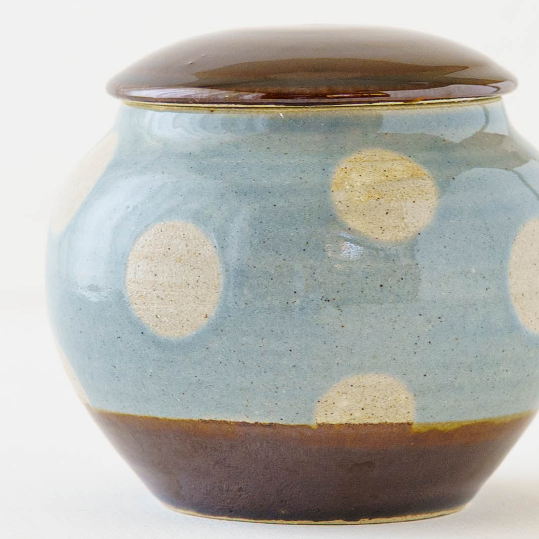 青い木の幹と緑の葉の陶芸作品 陶芸作家 榎田若葉 えのきだ窯 みそがめ ドット柄 水色｜作家もの和