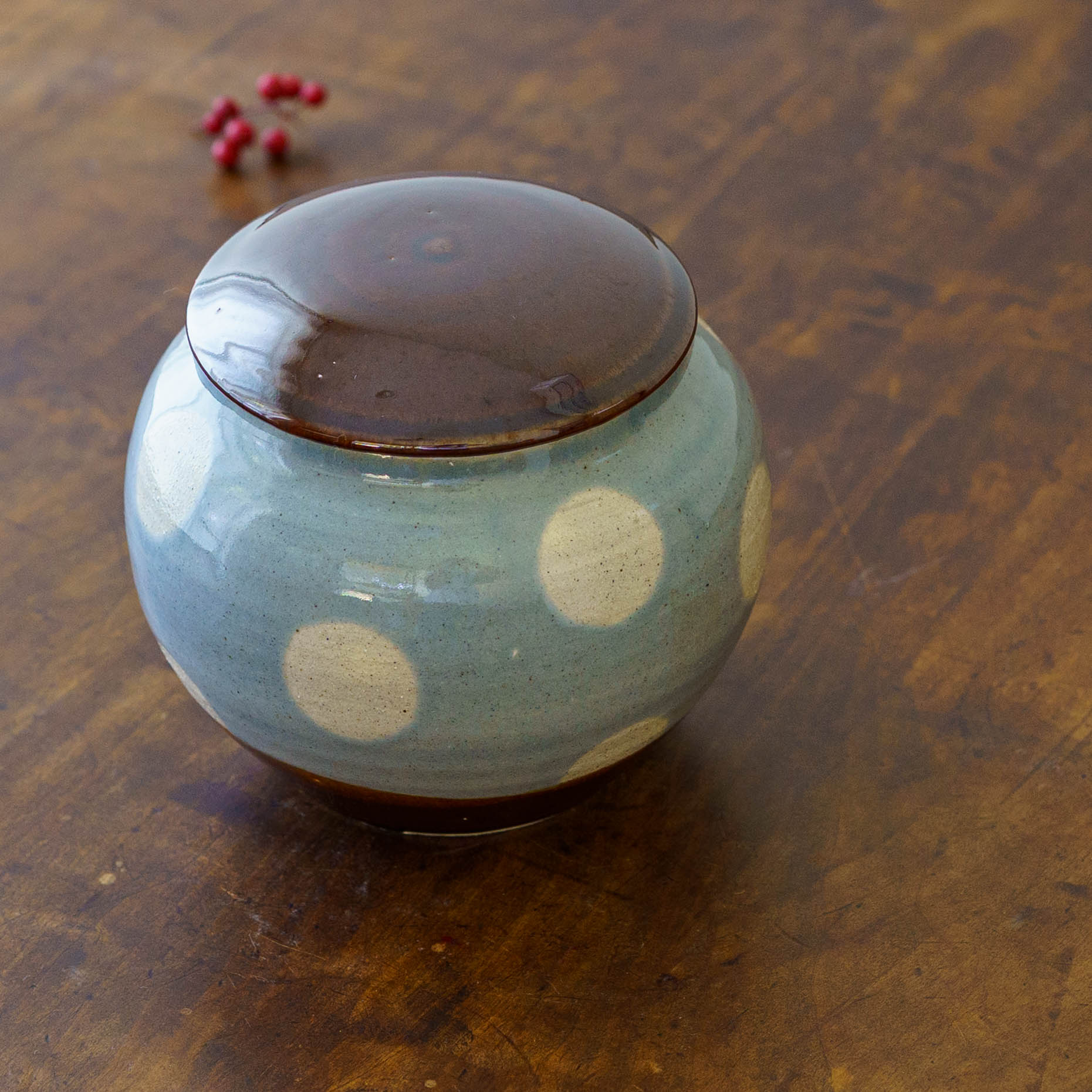 陶芸作家 榎田若葉 えのきだ窯 みそがめ ドット柄 水色｜作家もの和