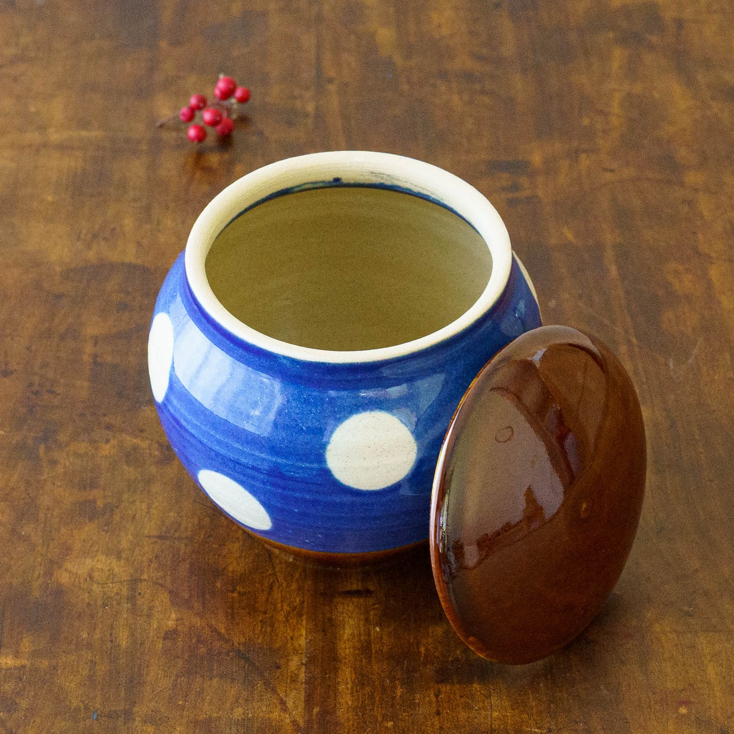 みそがめ　ドット柄　青色 x 飴釉｜榎田若葉　えのきだ窯