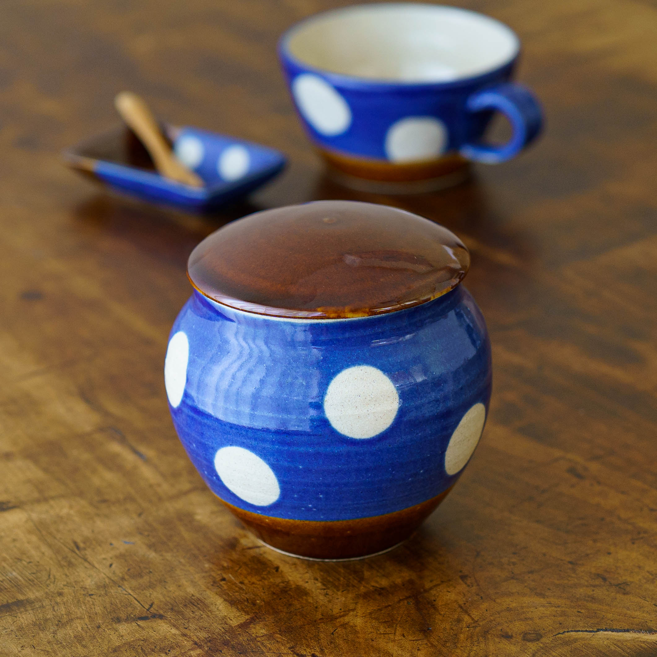 陶芸作家 榎田若葉 えのきだ窯 みそがめ ドット柄 青色｜作家もの和