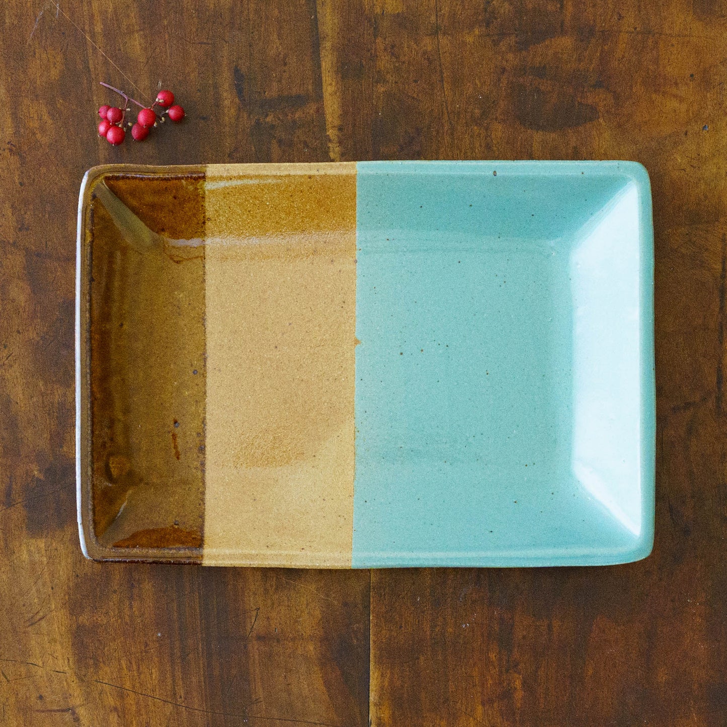 四角皿　掛け分け　飴釉 x 並白釉 x 緑釉｜榎田智　えのきだ窯