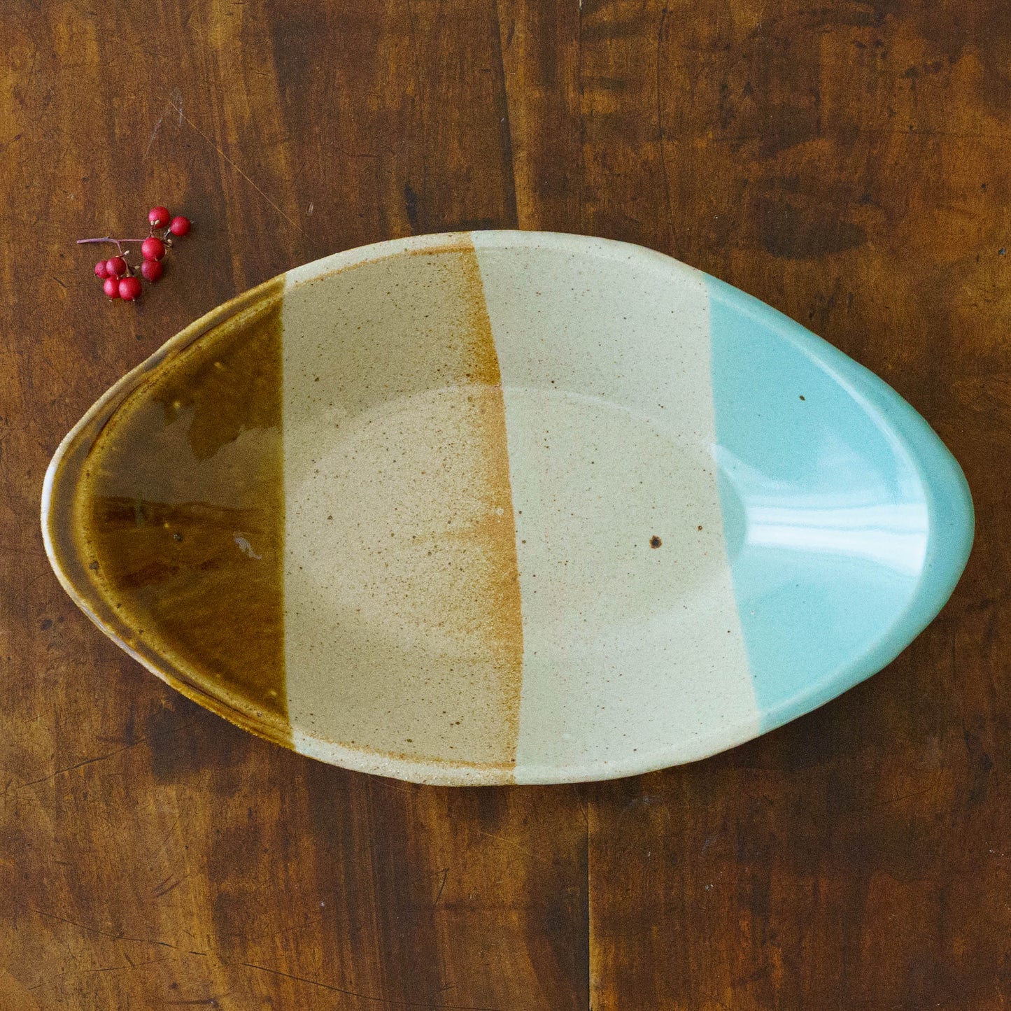 カレー皿　掛け分け　B　飴釉 x  並白釉 x マット釉 x 緑釉｜榎田智　えのきだ窯