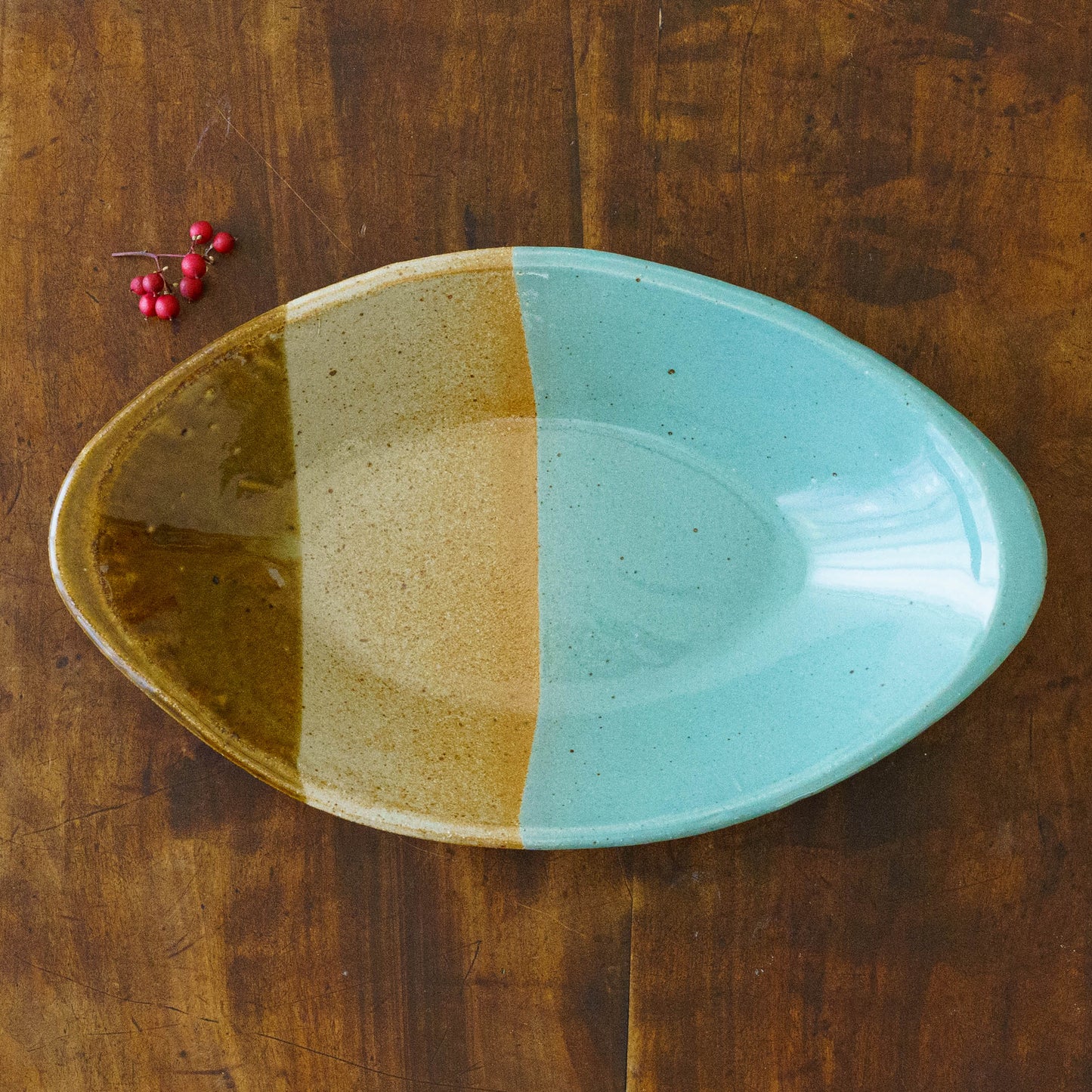 カレー皿　掛け分け　A　飴釉 x 並白釉 x 緑釉｜榎田智　えのきだ窯