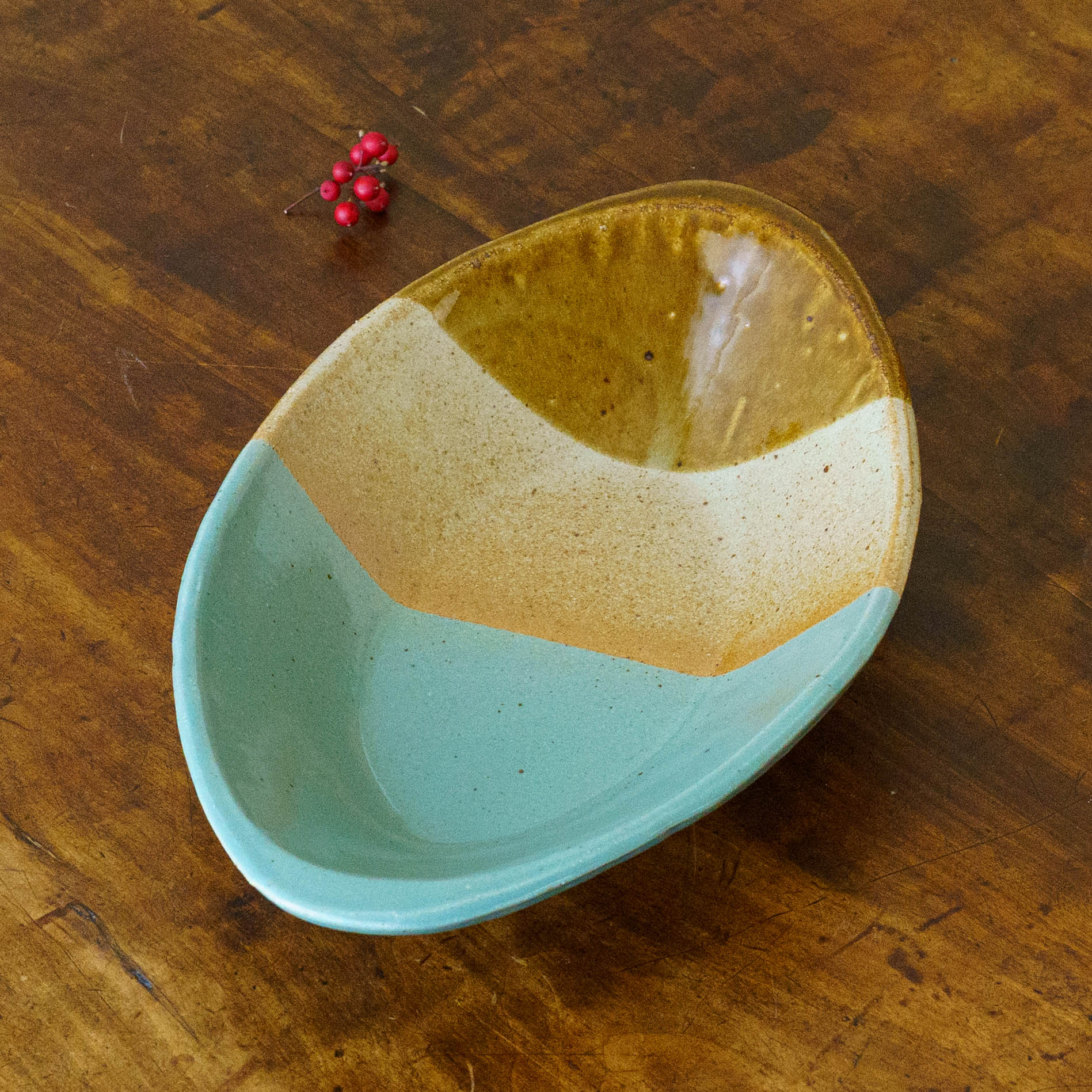 陶芸作家 榎田智 えのきだ窯 カレー皿 掛け分け 飴釉 並白釉 緑釉 ｜和