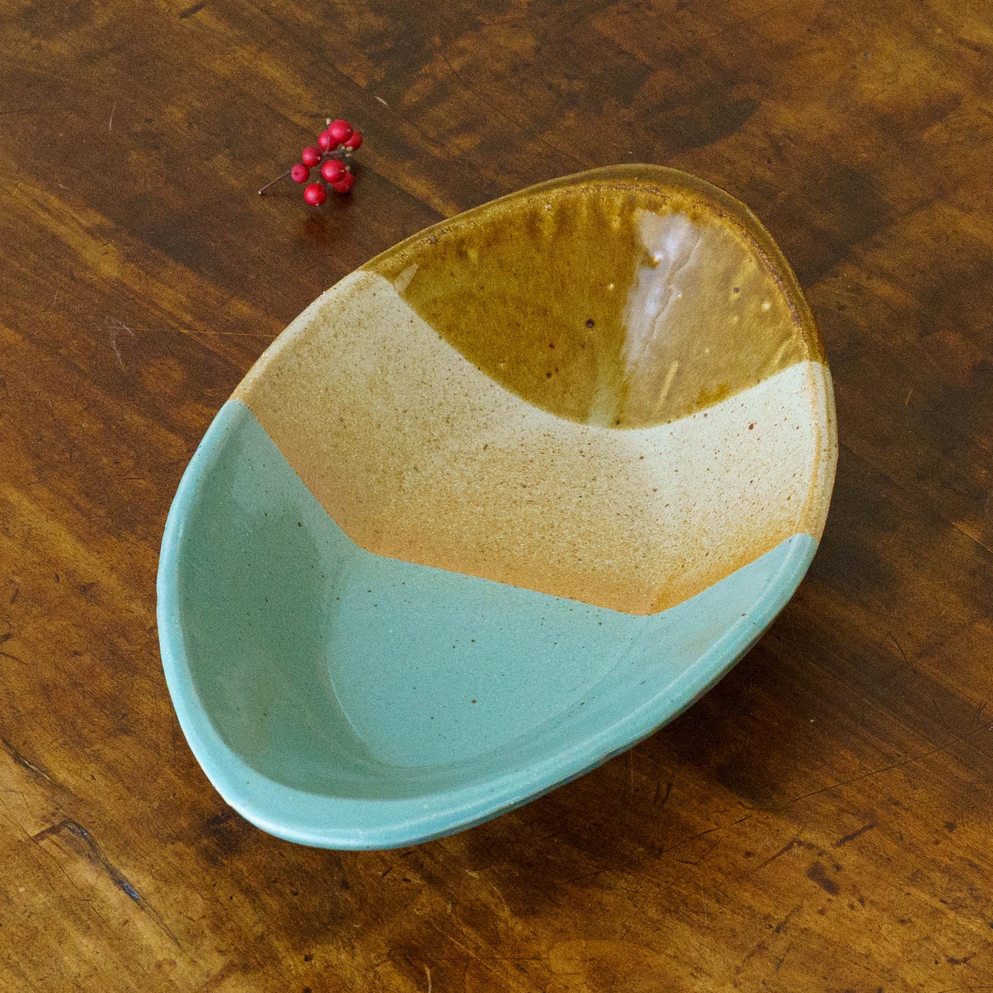 カレー皿　掛け分け　A　飴釉 x 並白釉 x 緑釉｜榎田智　えのきだ窯