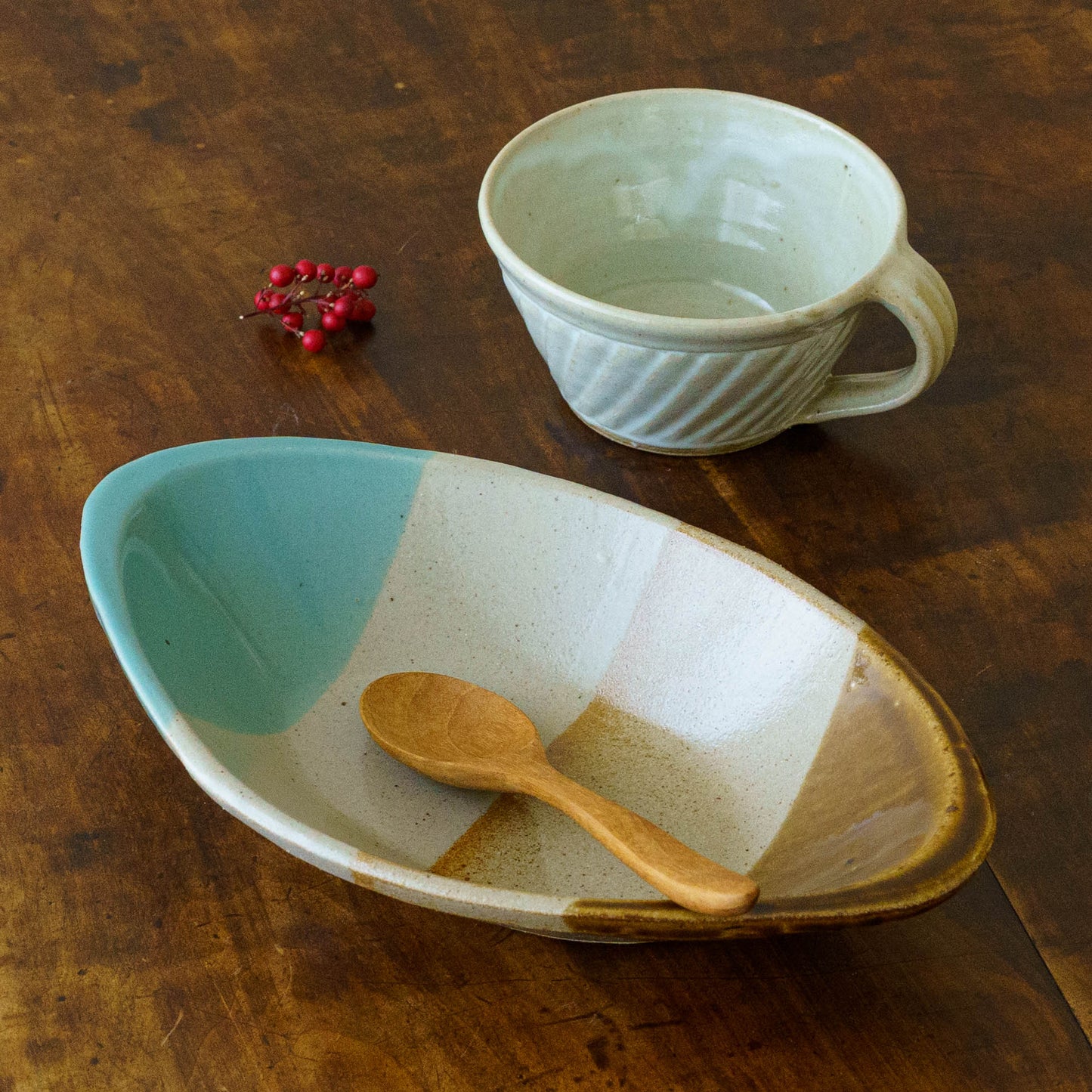 カレー皿　掛け分け　B　飴釉 x  並白釉 x マット釉 x 緑釉｜榎田智　えのきだ窯