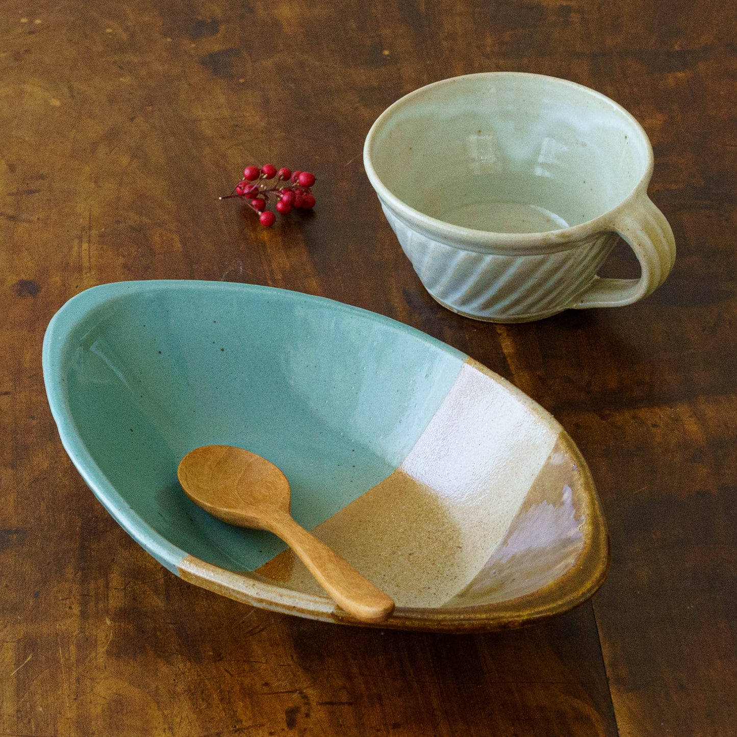 カレー皿　掛け分け　A　飴釉 x 並白釉 x 緑釉｜榎田智　えのきだ窯