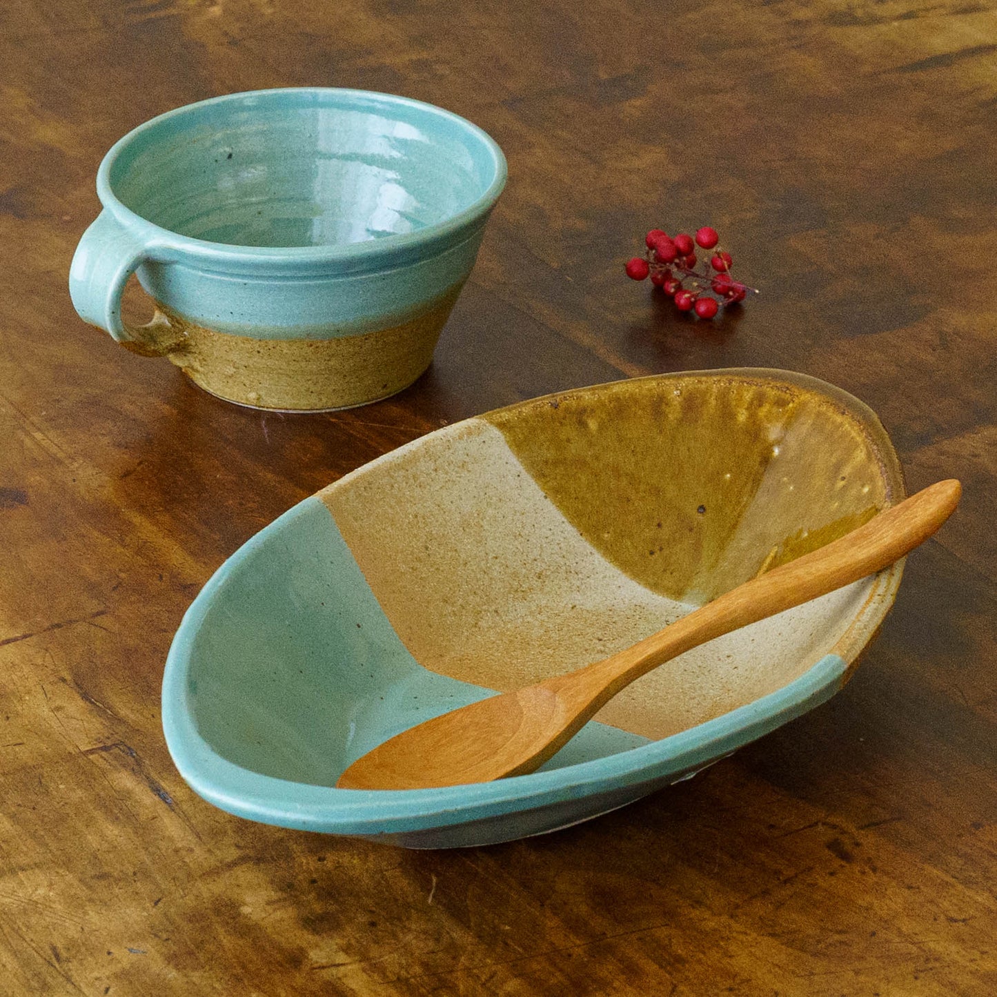 カレー皿　掛け分け　A　飴釉 x 並白釉 x 緑釉｜榎田智　えのきだ窯