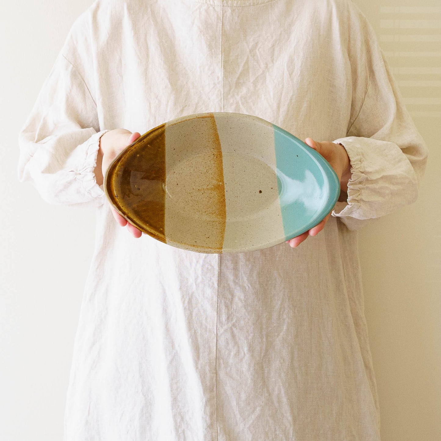 カレー皿　掛け分け　B　飴釉 x  並白釉 x マット釉 x 緑釉｜榎田智　えのきだ窯