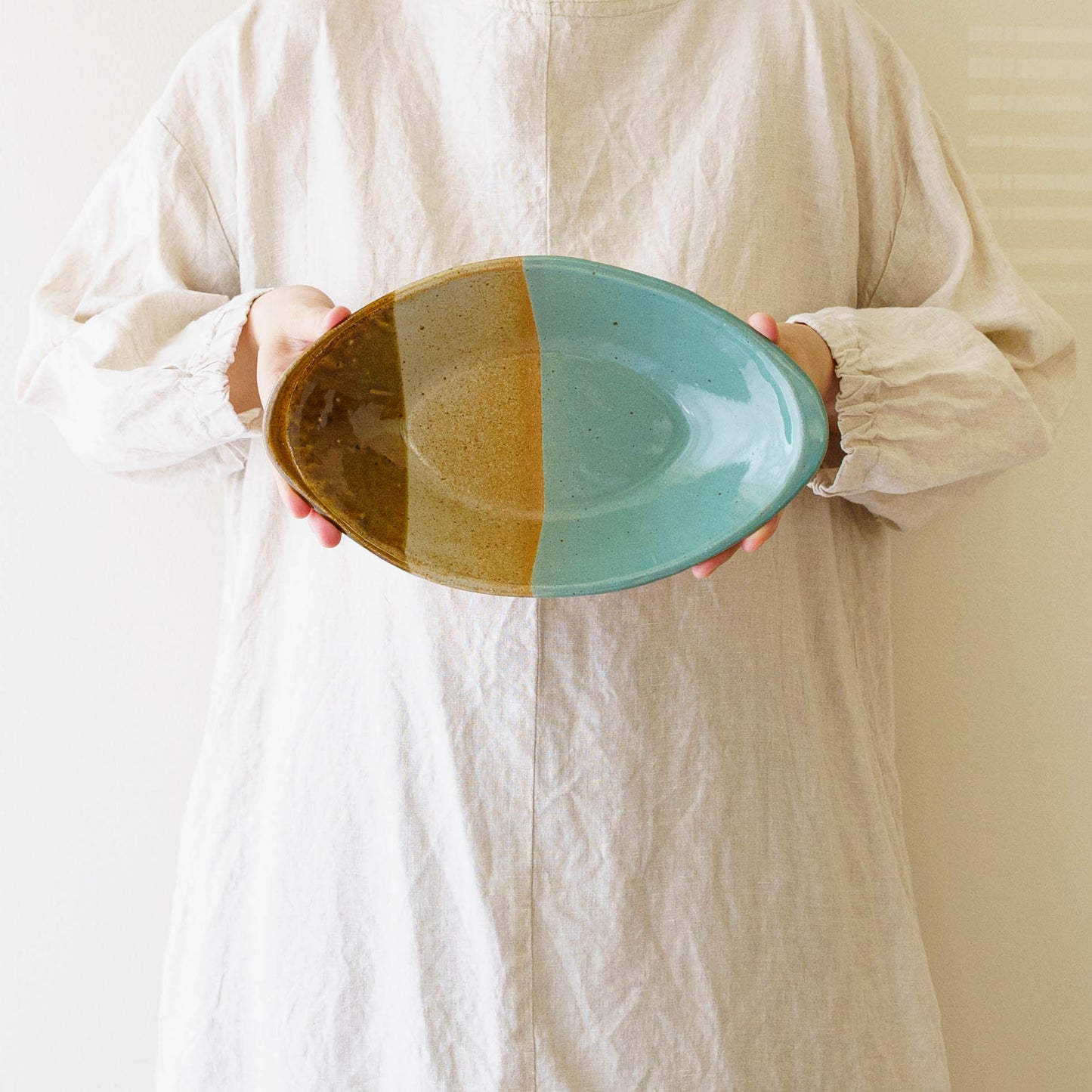 カレー皿　掛け分け　A　飴釉 x 並白釉 x 緑釉｜榎田智　えのきだ窯