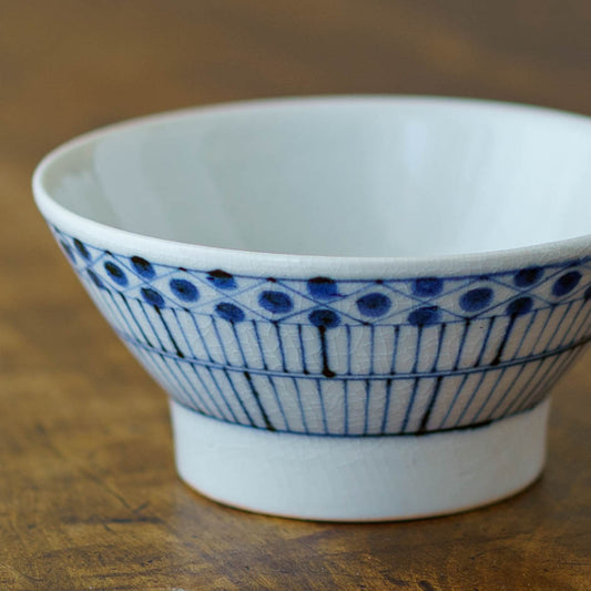 古砥部文　めし碗　大　花垣文　青｜陶彩窯　長戸製陶所　砥部焼