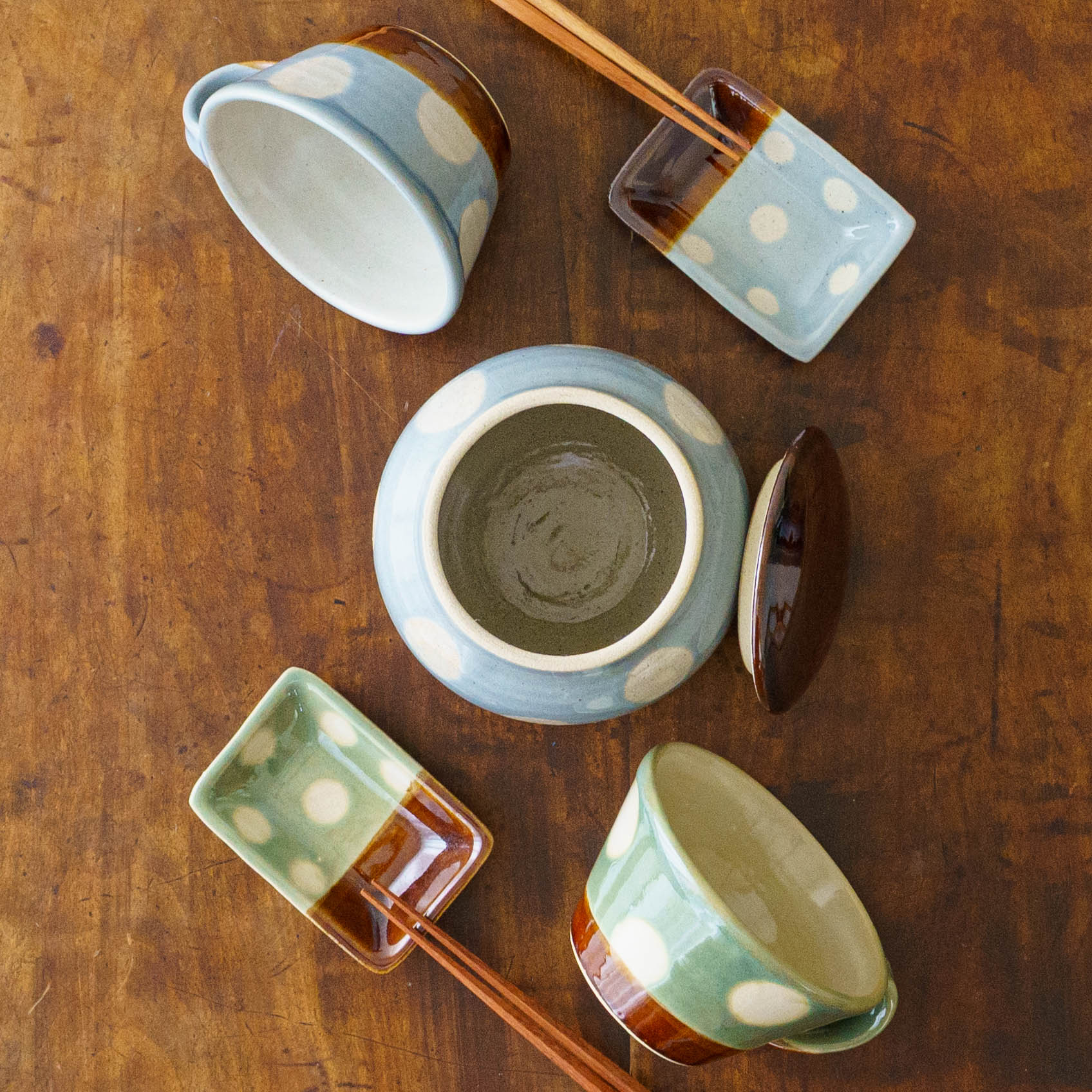 陶芸作家 榎田若葉 えのきだ窯 みそがめ ドット柄 水色｜作家もの和