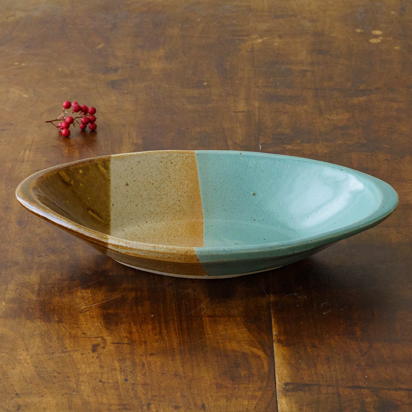 カレー皿　掛け分け　A　飴釉 x 並白釉 x 緑釉｜榎田智　えのきだ窯