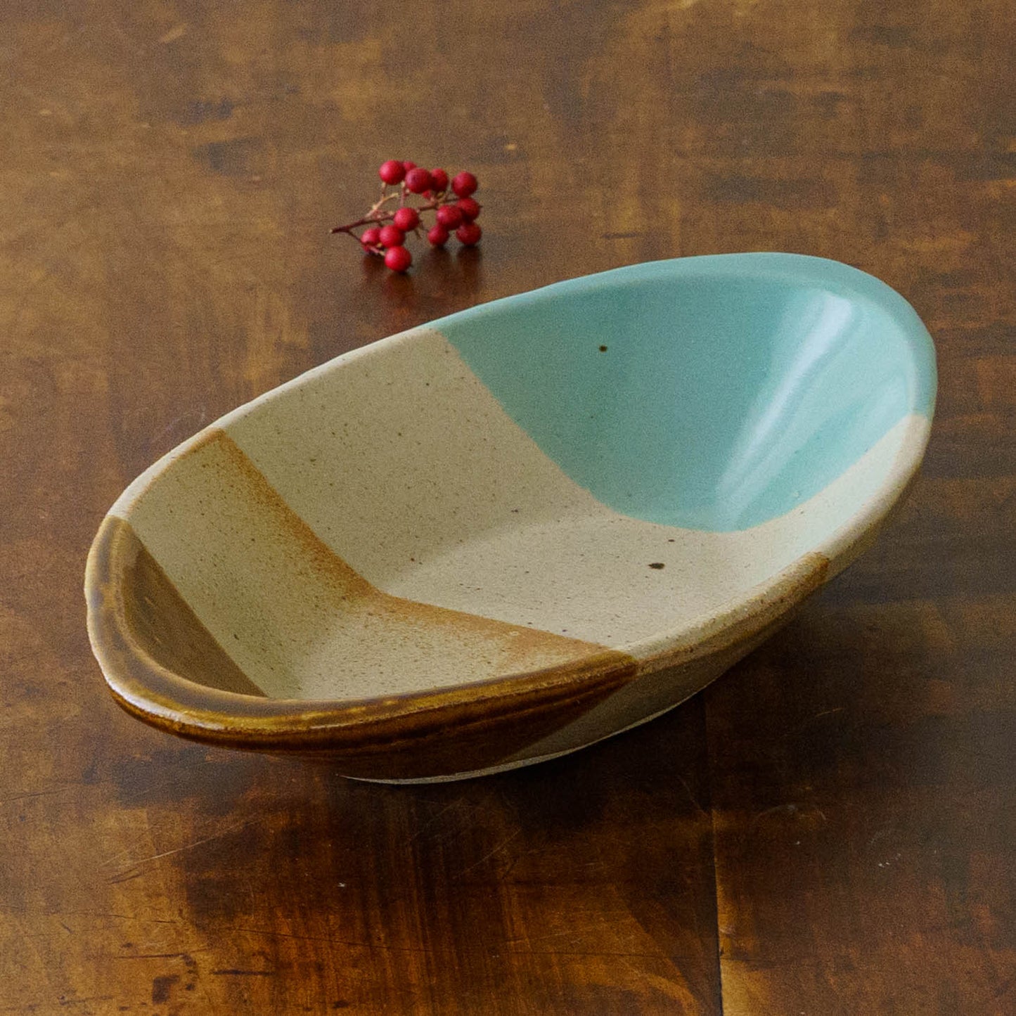 カレー皿　掛け分け　B　飴釉 x  並白釉 x マット釉 x 緑釉｜榎田智　えのきだ窯