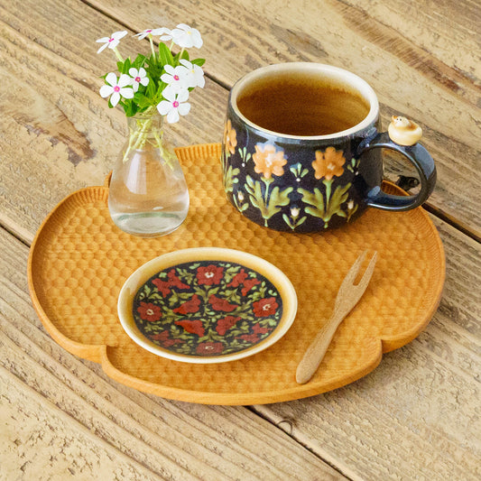 豆皿　赤花　スリップウェア｜荒井彩乃