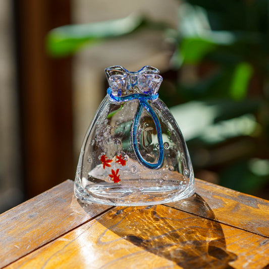 金魚巾着一輪挿し　小　青｜極楽寺がらす工房