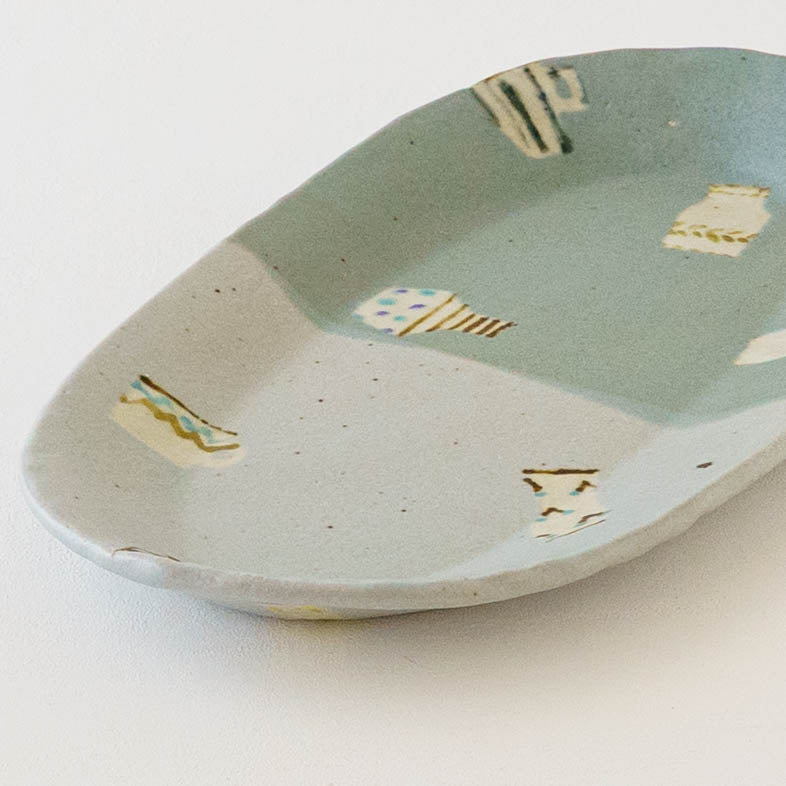 陶芸作家 原田晴子 長楕円大板皿 うつわ ライトブルー ターコイズ