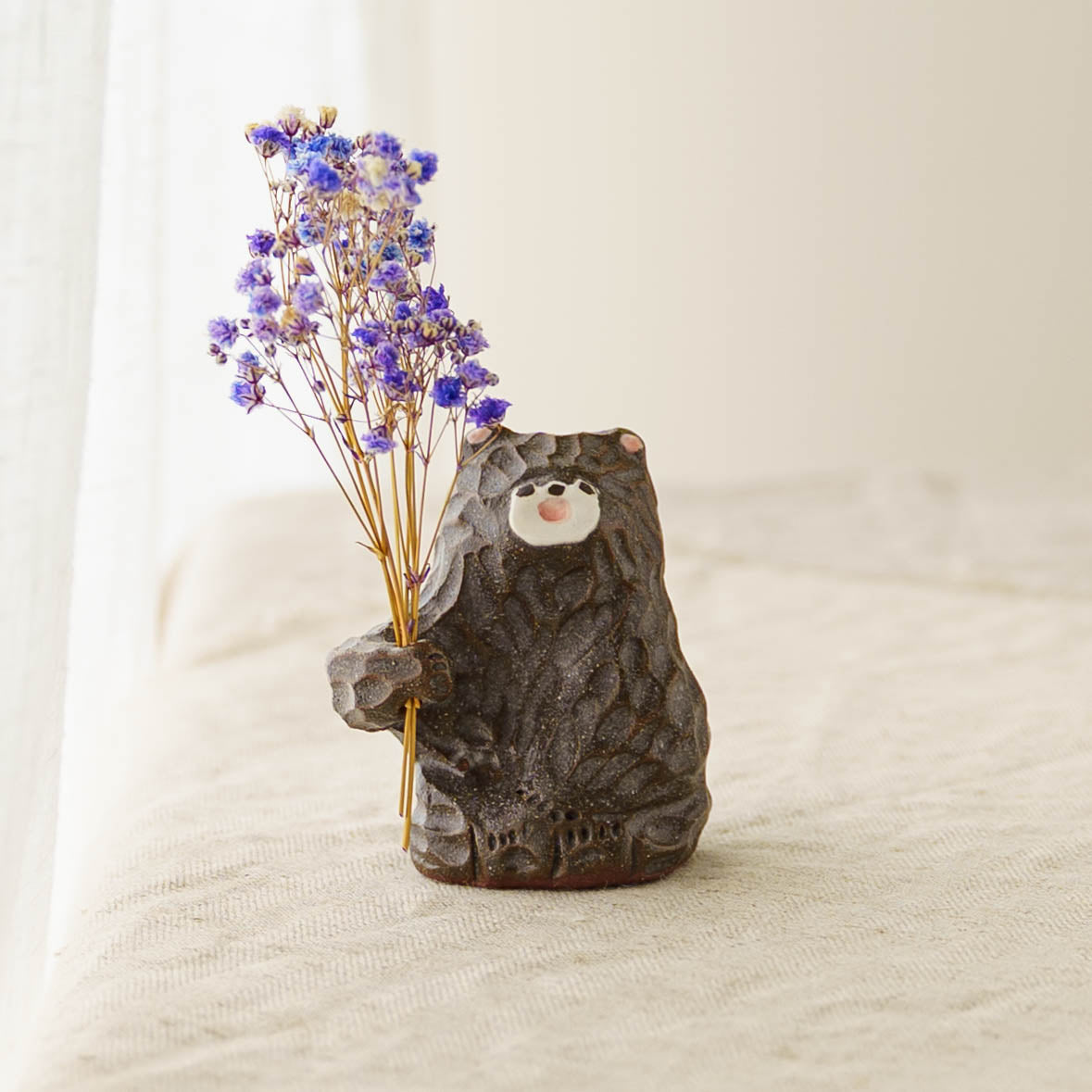 陶芸作家 加藤美紀子 クマドライフラワースタンド 茶 手持ち｜鎌倉山