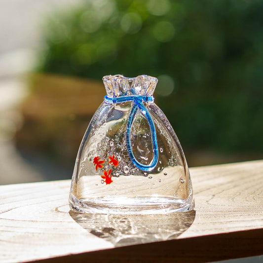 金魚巾着一輪挿し　小　青｜極楽寺がらす工房