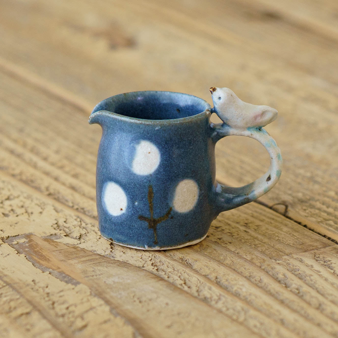 ミニピッチャー　とり x お花　ネイビー｜原田晴子