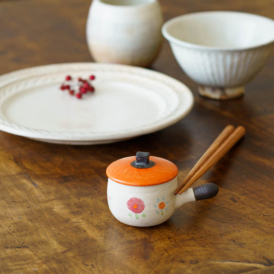 Clay pot chopstick rest flower orange enamel B | Naoko Ikemoto