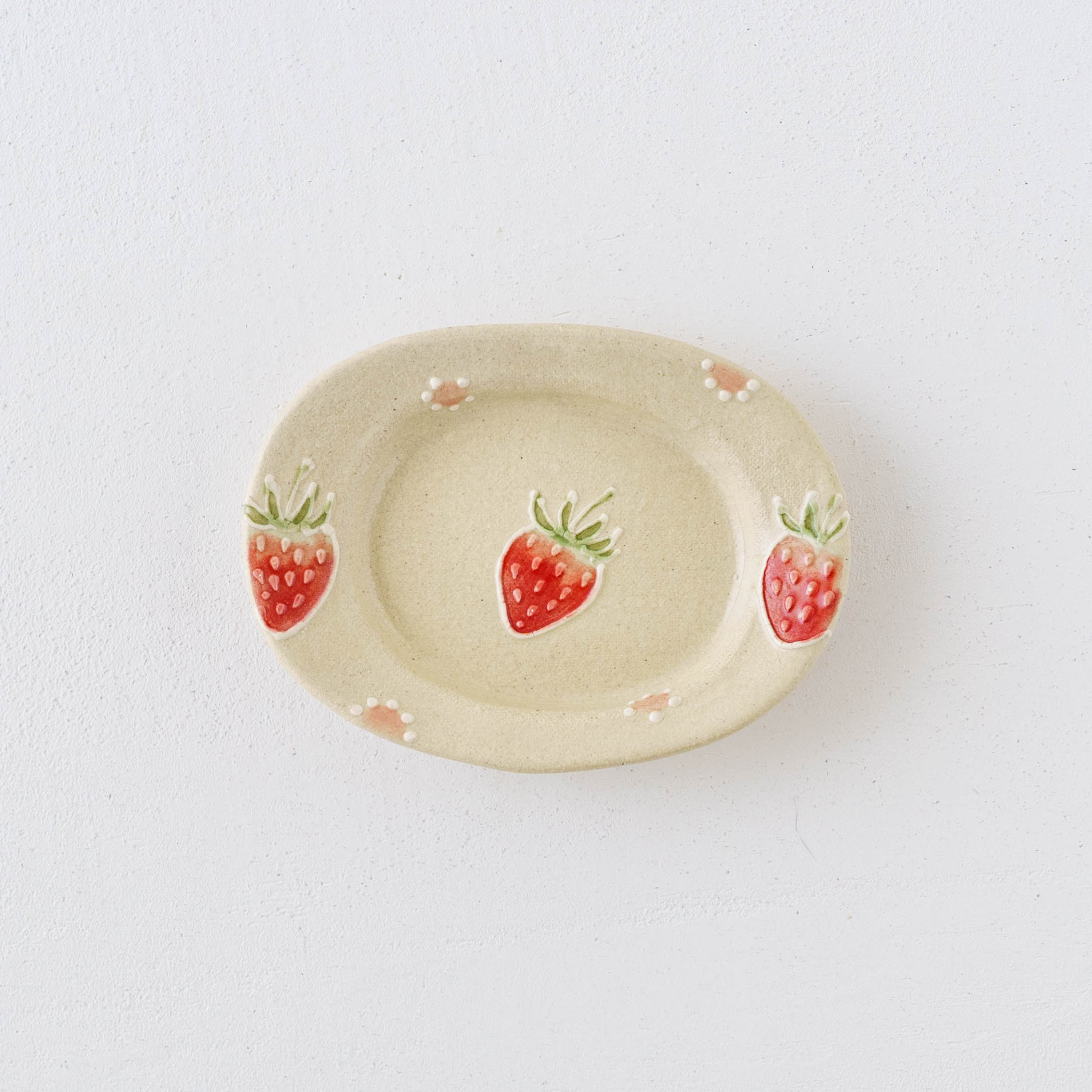 陶芸作家 中村佳菜子 リムあり オーバル豆皿 苺ドット｜窯元、作家