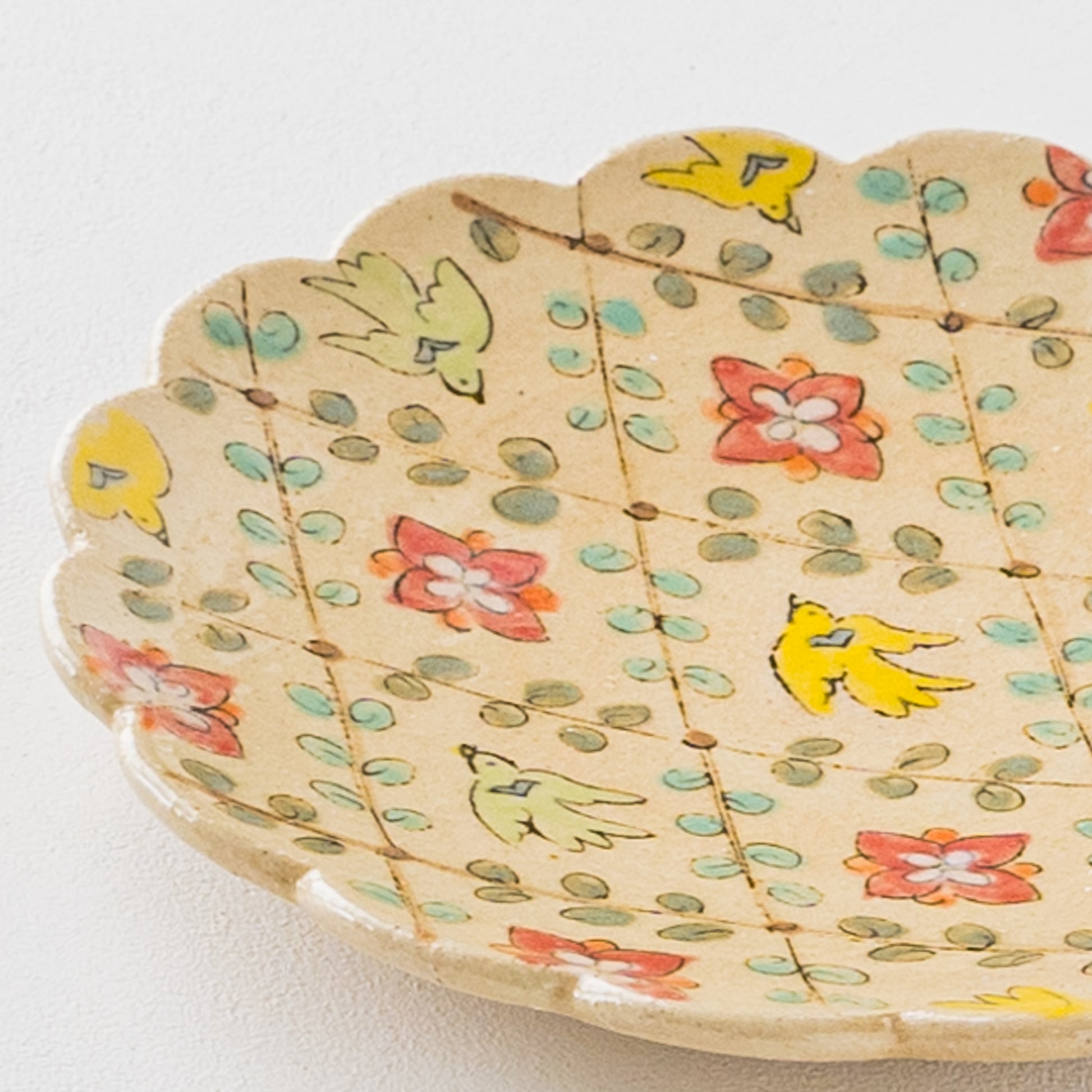 増山文さんの輪花絵皿6寸鳥とふた葉