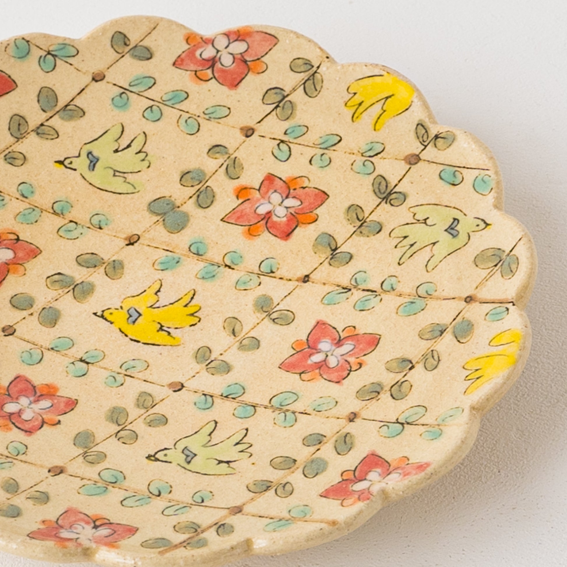 増山文さんの輪花絵皿6寸鳥とふた葉