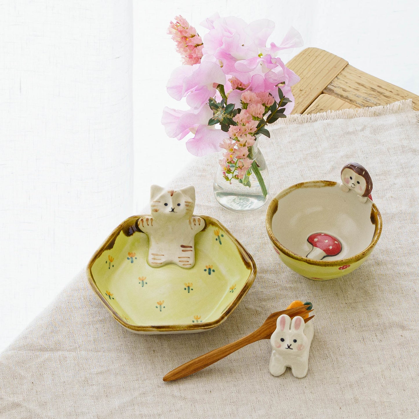 ねこ x お花　六角小皿｜梶田慶