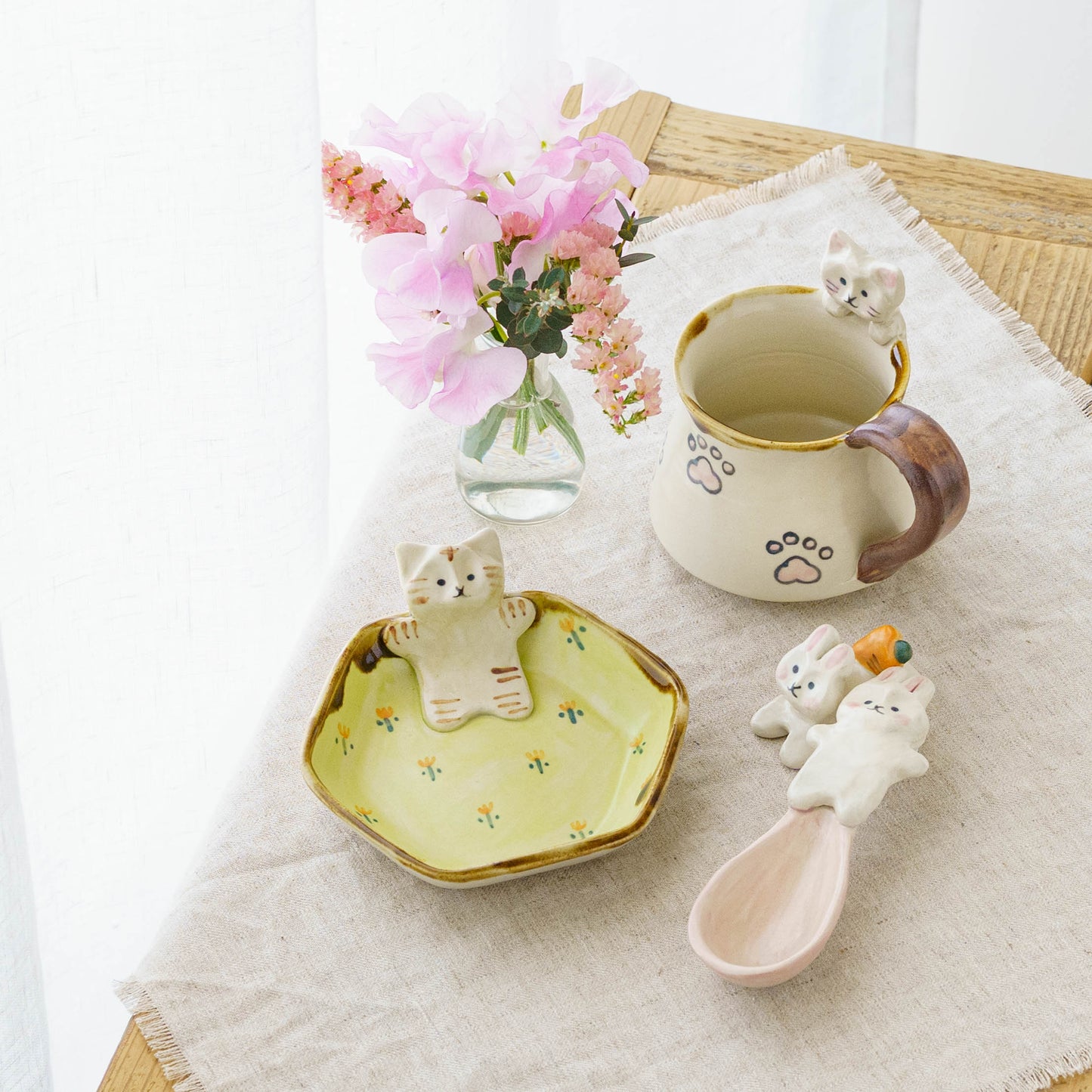 ねこ x お花　六角小皿｜梶田慶