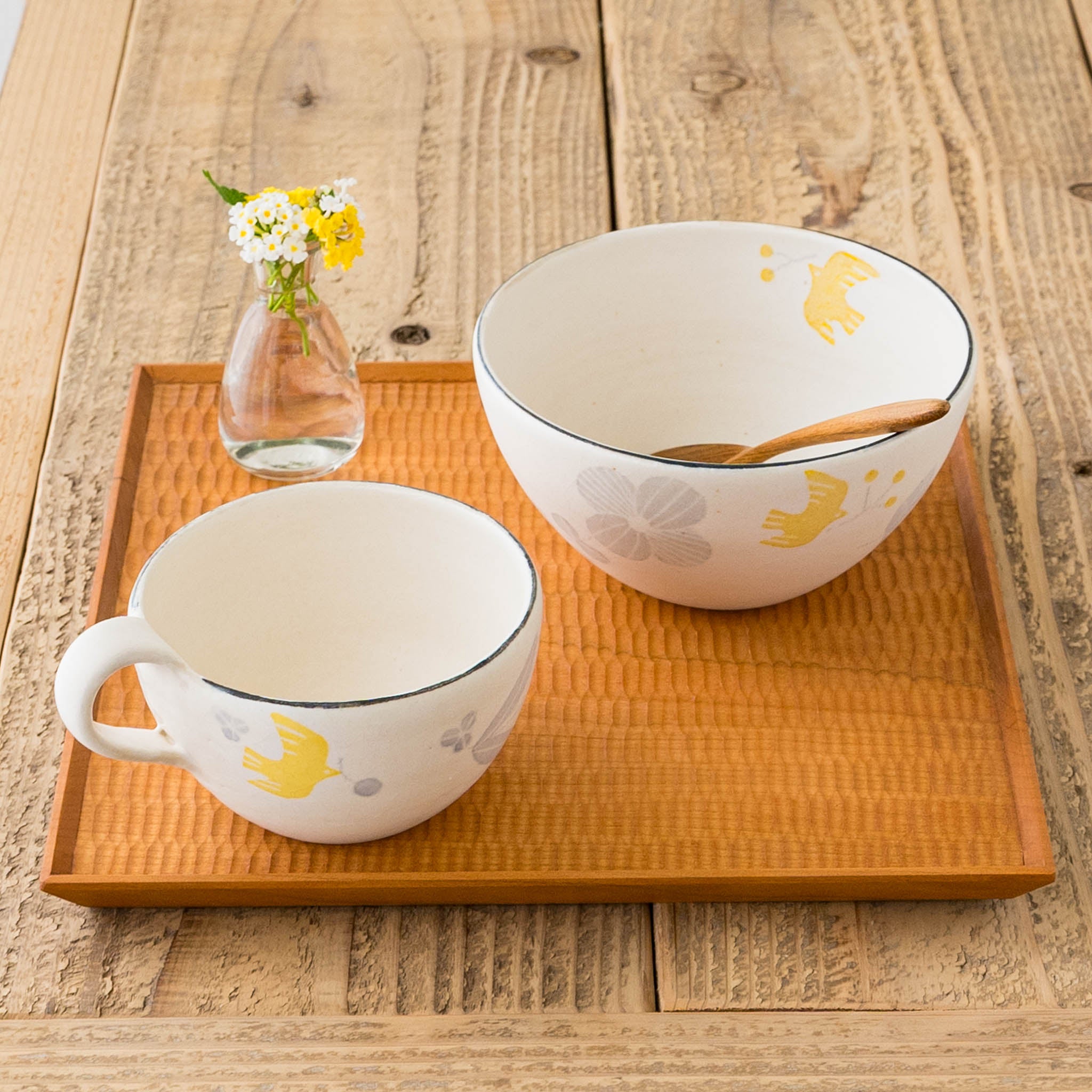 信楽焼 安見工房 和紙染め 丸マグ 小 メルヘン 花と鳥｜和食器通販