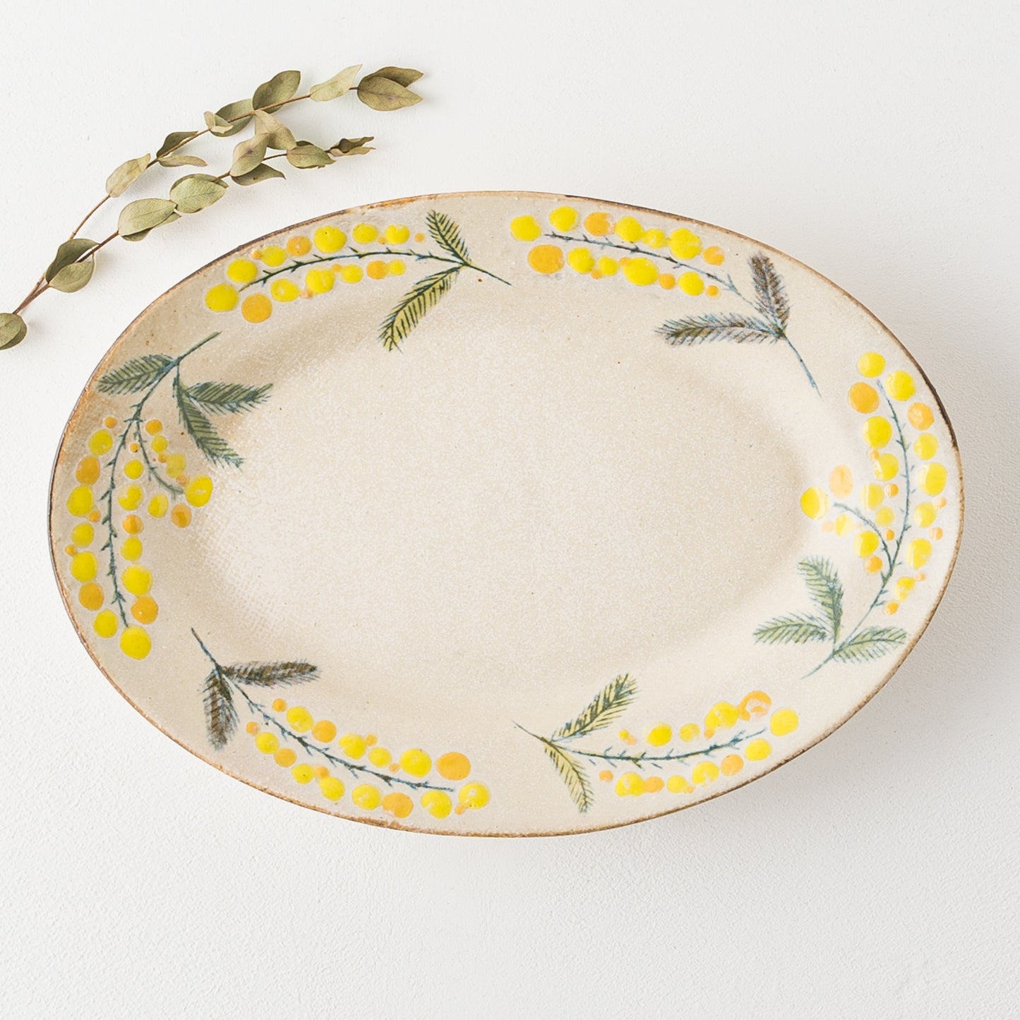やさし気なミモザにほっこり癒される森野奈津子さんの楕円リム皿