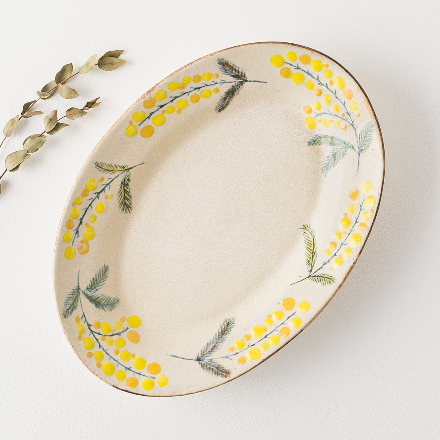 食卓をやさしく柔らかな雰囲気にしてくれる森野奈津子さんのミモザの楕円リム皿