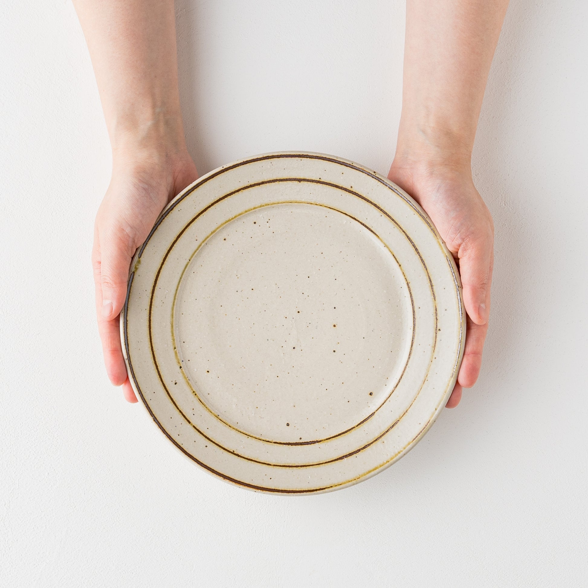 盛り付けたお料理が素敵に映える冨本大輔さんの灰釉鉄絵7寸リム皿